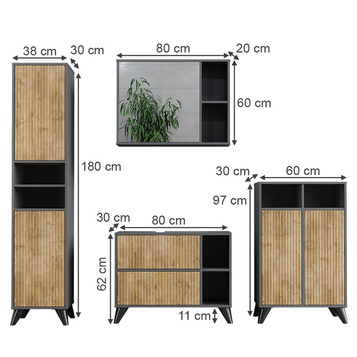 BADMÖBEL-SET Leano Anthrazit/Bergeiche 80 cm, Set 4 - Eichefarben/Anthrazit, Holzwerkstoff (80/62/30cm) - Vicco