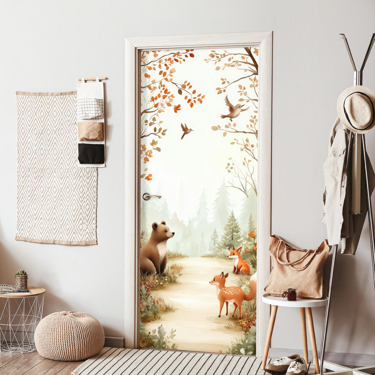 TÜRAUFKLEBER Selbstklebend - Wald - Herbst - Waldtiere - Bär - Fuchs 90x205 cm - Türtapete - Kastanienfarben, Kunststoff (90/0.1cm) - MuchoWow