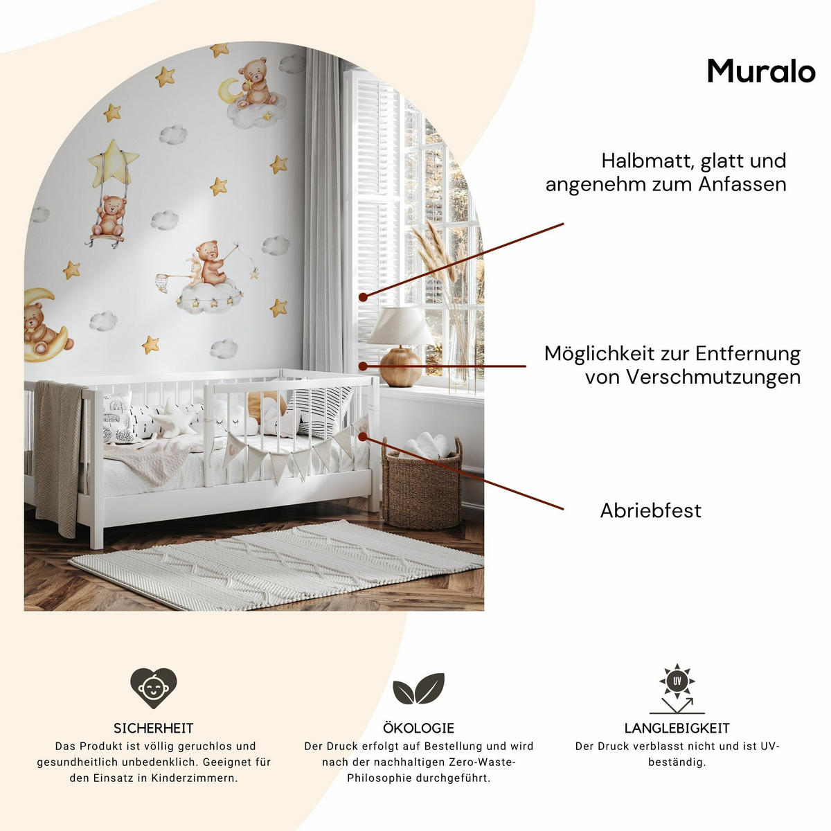 WANDSTICKER Teddybären Wolken Monde Sterne 120x60 - Gelb/Beige, Papier (120/60/1cm) - Muralo