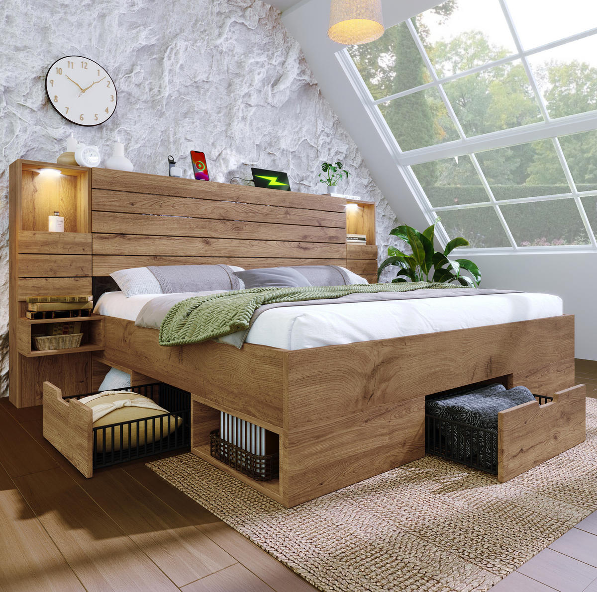 ZAKONSKA postelja iz lesa in MDF 160x200 cm hrastova z LED osvetlitvijo, USB in Type-C priključki, predali za shranjevanje - barve hrasta, leseni material (160/200cm) - Modfu
