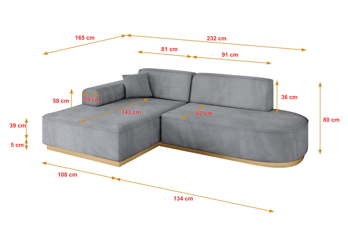 ECKSOFA Ottomane Links IREA-L1-v2 - 232x165x80 cm Grau - Titanfarben, Holzwerkstoff/Textil (232/165cm) - ALTDECOR