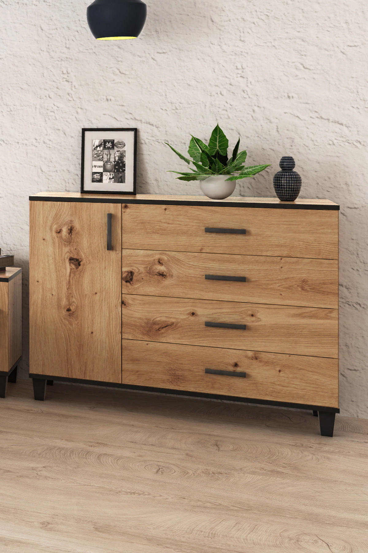 KOMMODE Vanessa I 120 cm mit Schubladen und Holzbeine, artisan, schwarz - Schwarz/Eiche Artisan, Holz/Kunststoff (120/90/40cm) - Margaret Hadas24