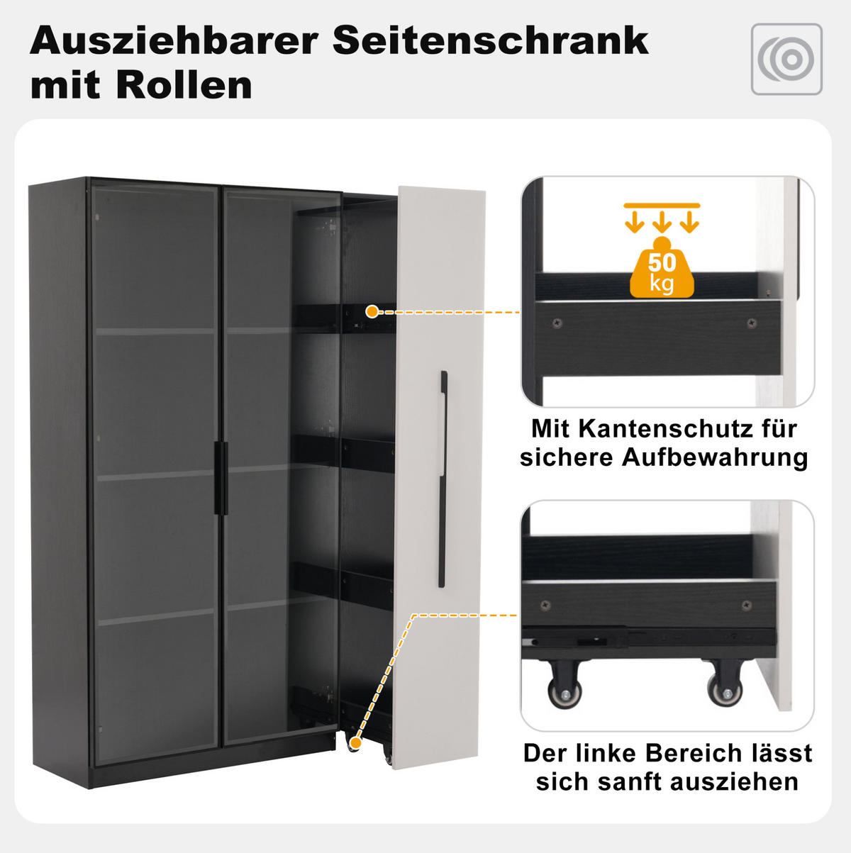 MULTIFUNKTIONSSCHRANK 110,5/35/160 cm aus MDF und Glas mit LED-Vitrine und seitlichem Auszug Schwarz/Weiß - Schwarz/Weiß, Glas/Holzwerkstoff (35/160/110.5cm) - Modenvie
