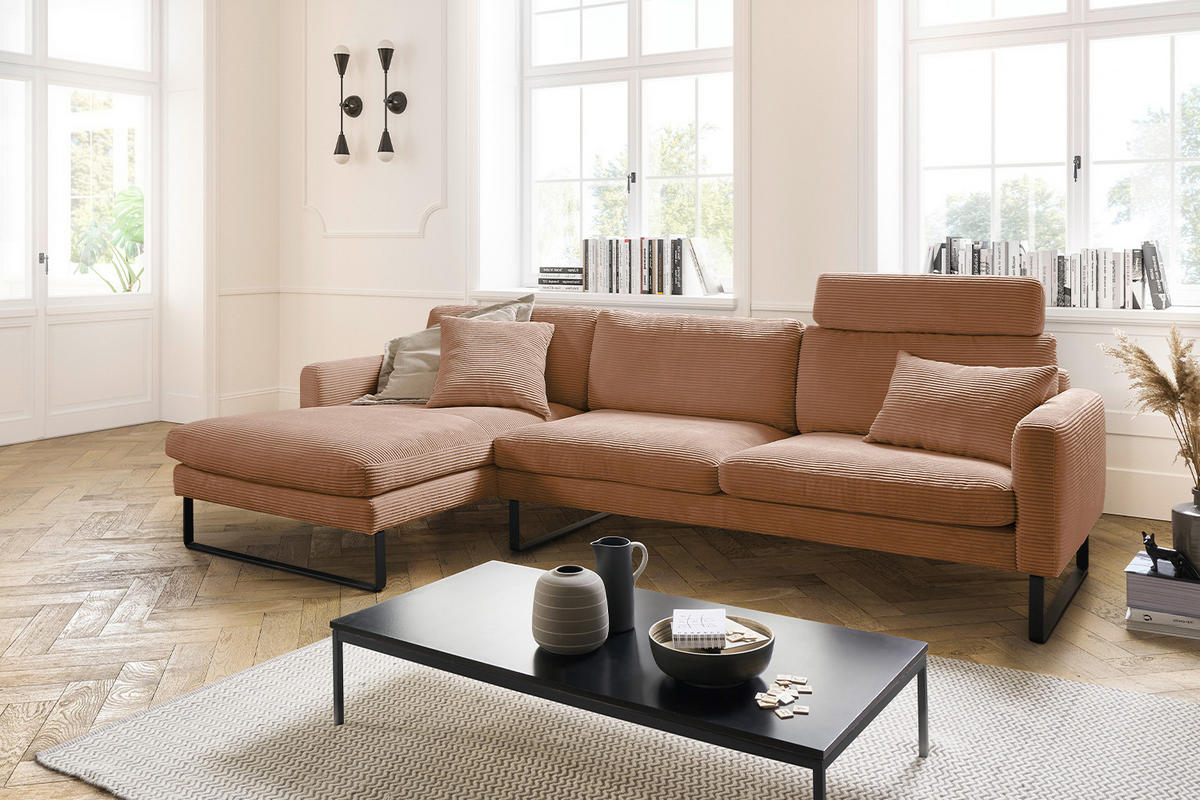 ECKSOFA RICARDA Braun Cord - Dunkelbraun/Schwarz, Textil/Metall (298/154cm) - KAWOLA