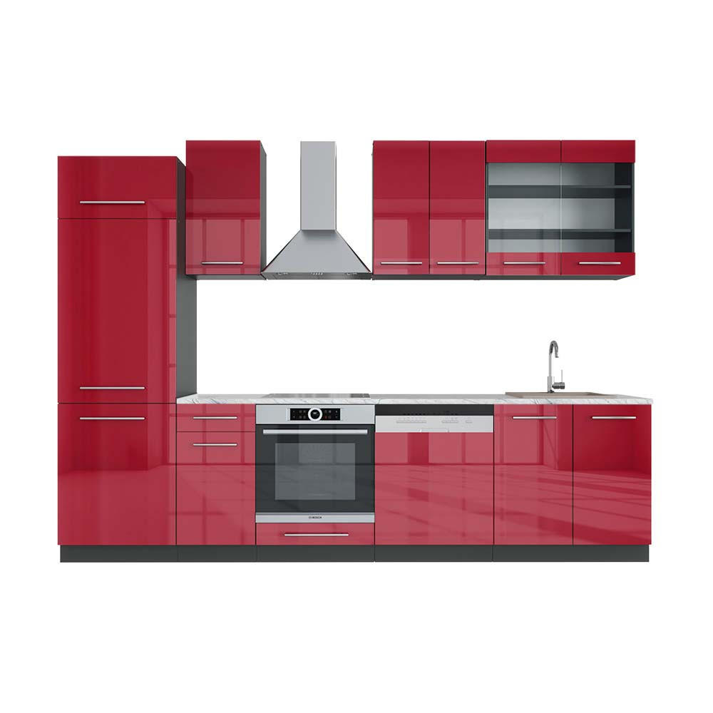 KÜCHENZEILE Fame-Line Bordeaux Hochglanz/Anthrazit 300 cm, AP Marmor - Bordeaux/Anthrazit, Holzwerkstoff (300/81.6/60cm) - Vicco