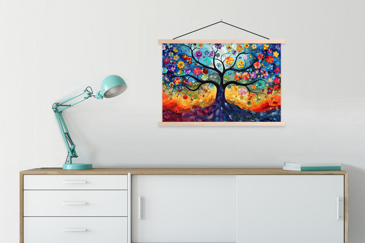 POSTER Kunst - Baum des Lebens - Blumen - Hippie 90x60 cm - Dunkelblau, Textil (90/60/0.15cm) - MuchoWow