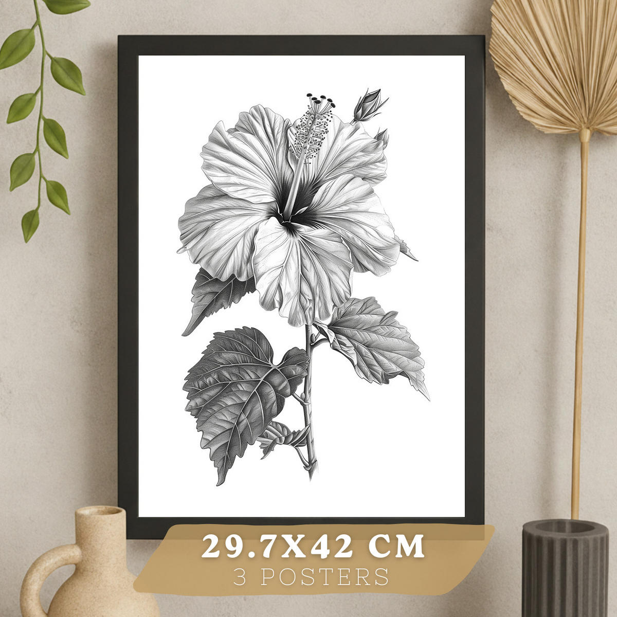 PLAKAT Sada 3 obrázků květin. Dekorativní nástěnné tisky Květiny tužkou. botanický plakát na zeď. Černobílé květinové malby.Černý rám velikosti A3 - černá, papír (29.7/42/3cm)