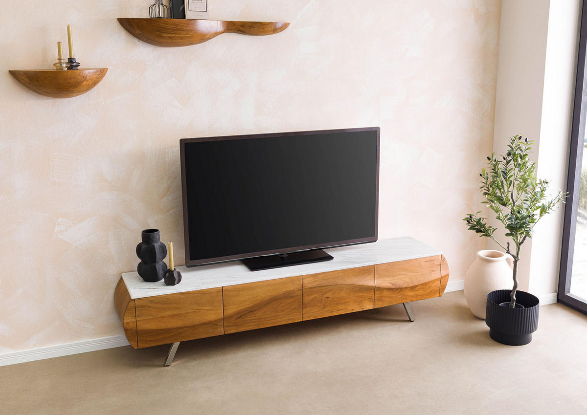 TV-BOARD Akazie 204x40x45 natur lackiert / Marmor weiß MONTREAL #124 - Naturfarben, Holz (40/45/204cm) - Massivmoebel24