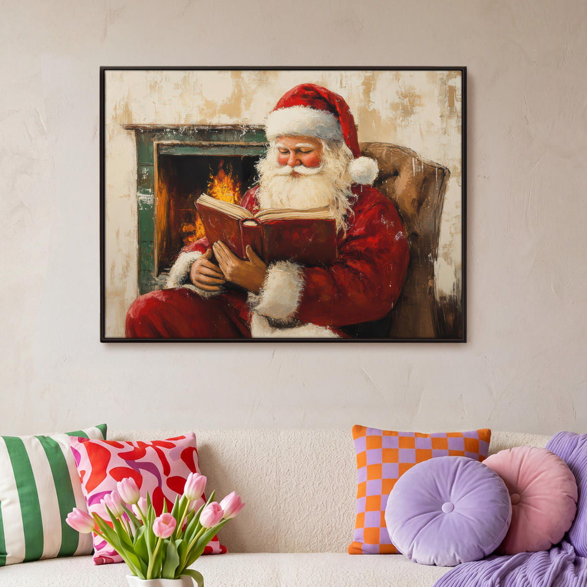 LEINWAND Bilder mit Rahmen - Weihnachten - Weihnachtsmann - Winter - Open Fireside - 100x70 - Dunkelrot, Textil (100/70cm) - MuchoWow