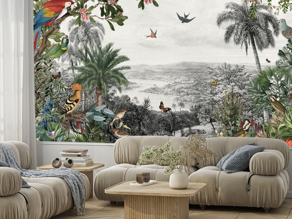 FOTOTAPETE für Wohnzimmer Tropenpapageien Vögel Palmen 350x256 - Gelb/Rot, Papier (350/256cm) - Muralo