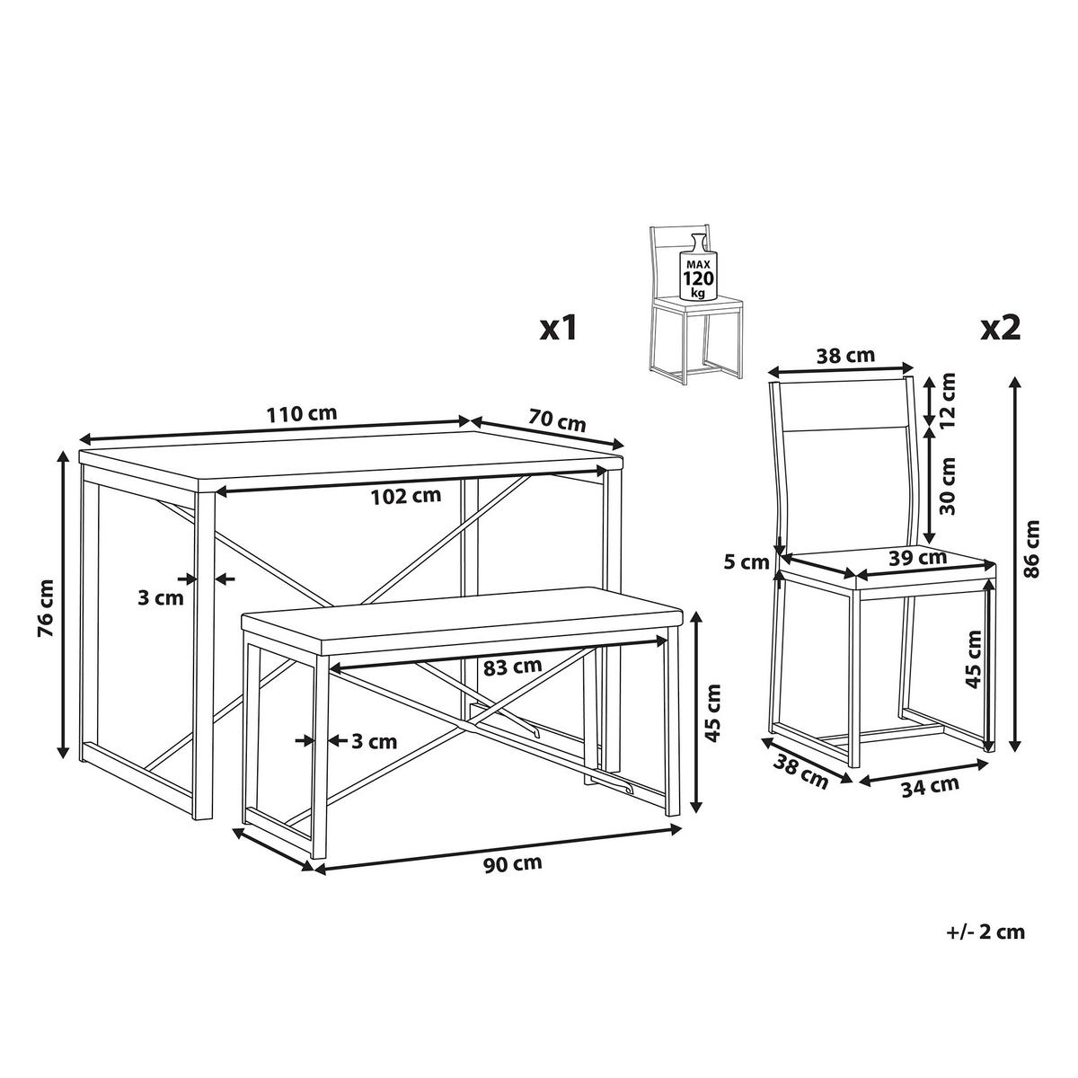 ESSGRUPPE Hellbraun, Schwarz 4-Sitzer 110/70 cm 2 Stühle und Bank Flixton - Hellbraun, Holzwerkstoff (110/86/70cm) - Beliani
