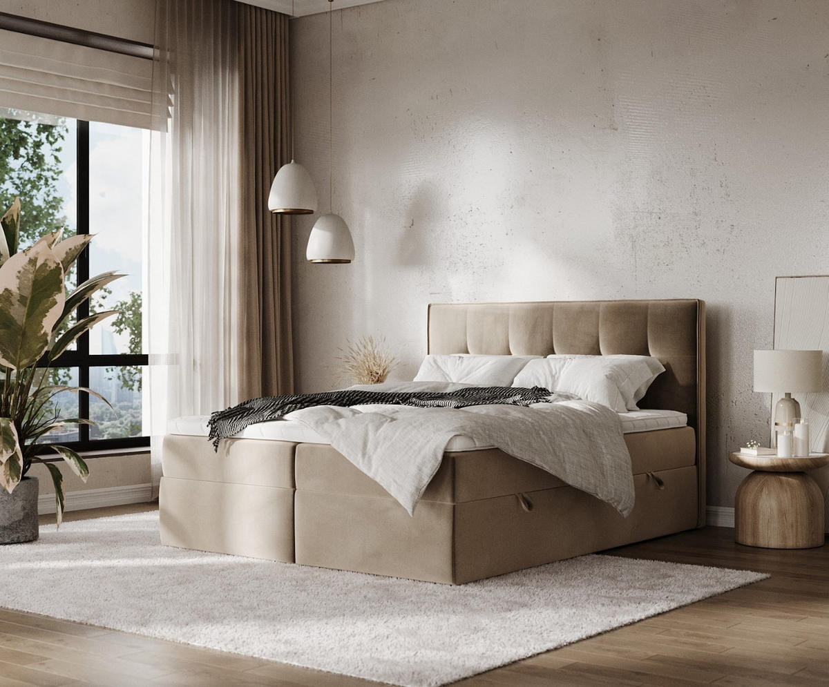BOXBETT Mireo 140/200 cm Taupe im Paros Stoff - Taupe/Schwarz, Holz/Holzwerkstoff (140/200cm) - AltaBeds