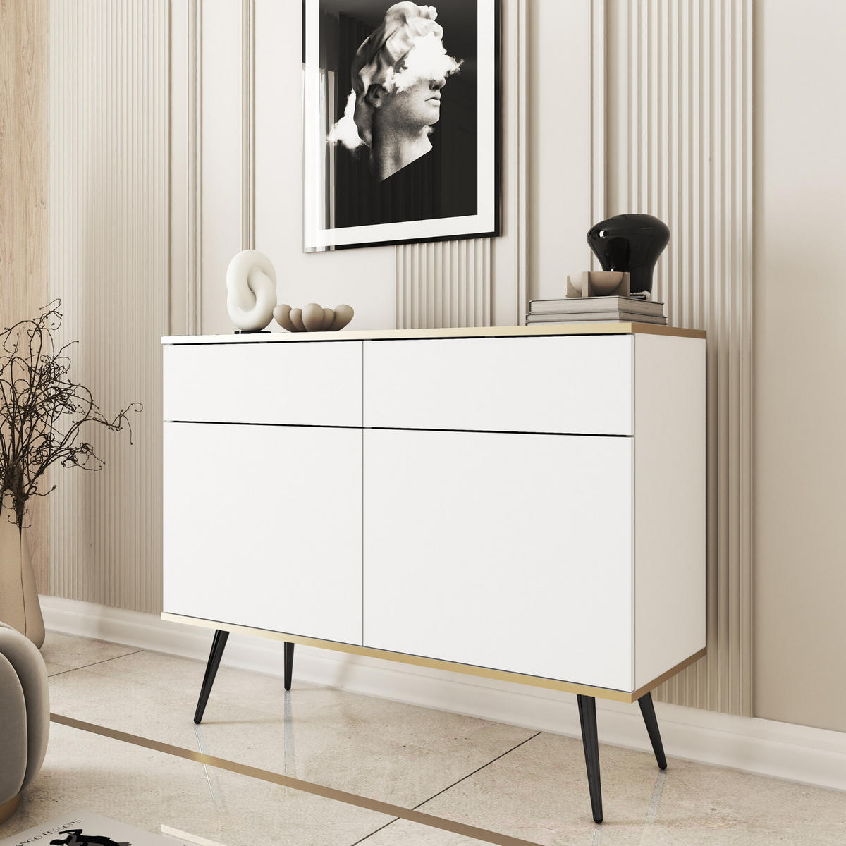 KOMMODE FORNO (Weiß, Goldene Details, 2 Türen, 2 Schubladen, schwarze Metallfüße) - Schwarz/Weiß, Holz/Holzwerkstoff (107/85/39cm) - Ravio
