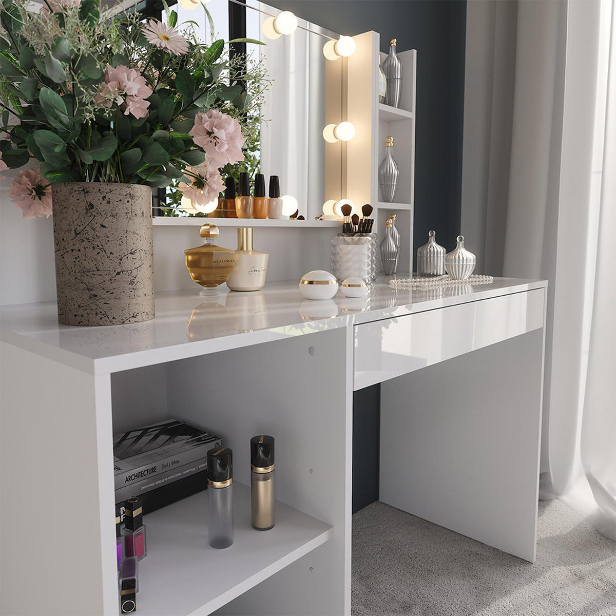 SCHMINKTISCH Sherry Weiß/Weiß Hochglanz 119.8 cm 4 Teile - Weiß Hochglanz, Holzwerkstoff (119.8/76/50.1cm) - Vicco