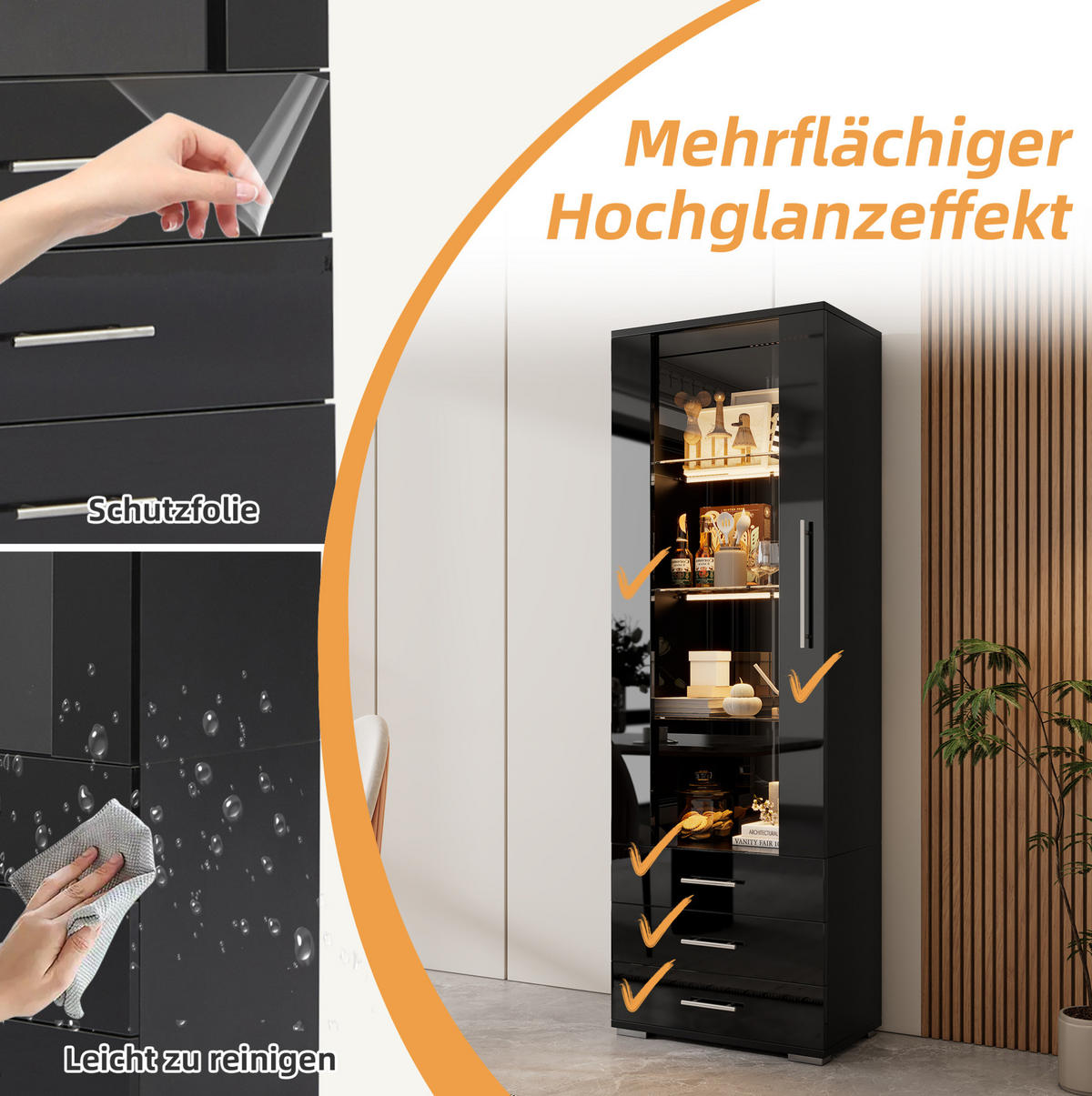 VITRINE aus MDF 60x35x180 cm Schwarz mit LED-Beleuchtung, Acryltür und 3 Schubladen - Schwarz, Holzwerkstoff (60/180/35cm) - Modfu