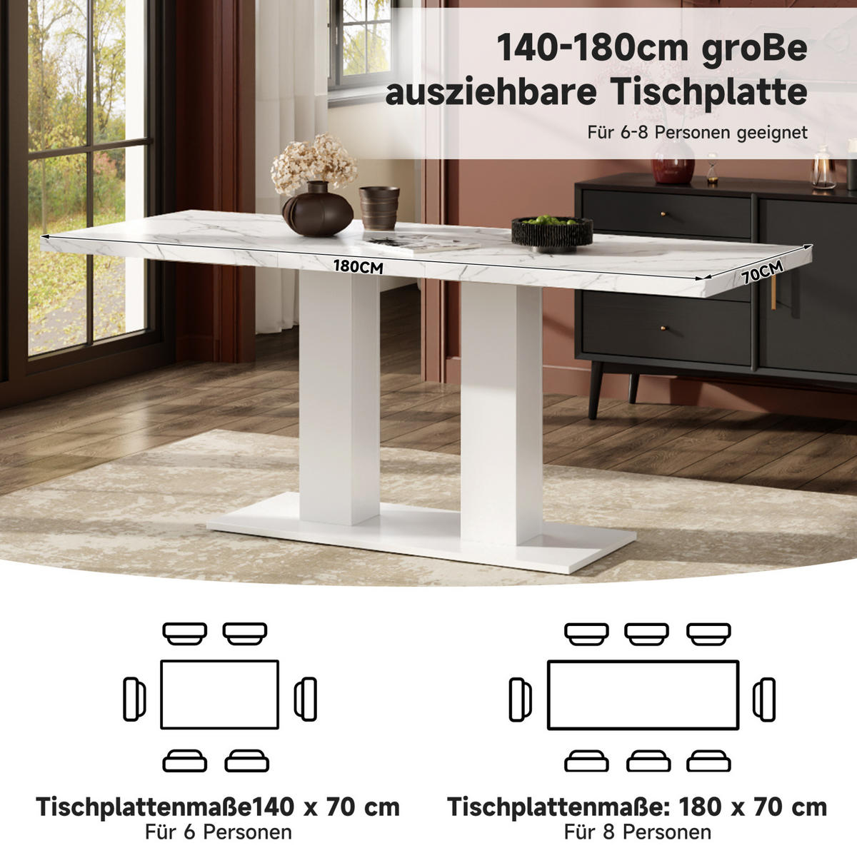 ESSTISCH 140/180/70 cm ausziehbar mit 30 mm starker MDF-Tischplatte und Doppelsäulenfuß, Weiß - Weiß, Holzwerkstoff (180/70/75cm) - Redom