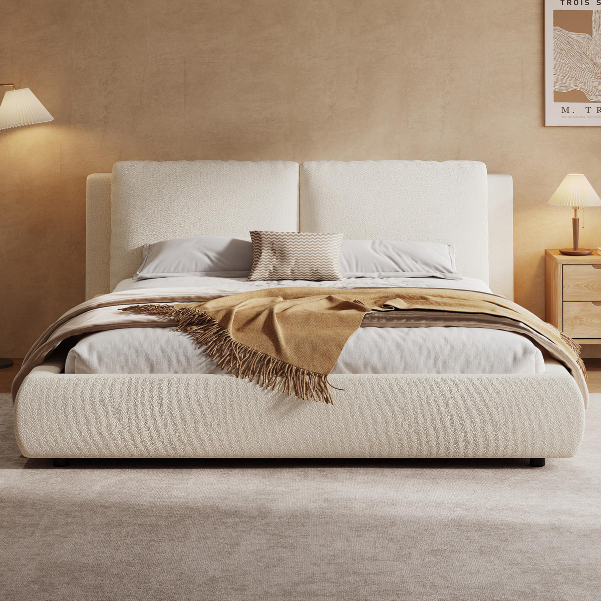 POLSTERBETT 180/200 cm Beige Bouclé mit Stauraum und Lattenrost - Beige, Textil (180/200cm) - OKWISH