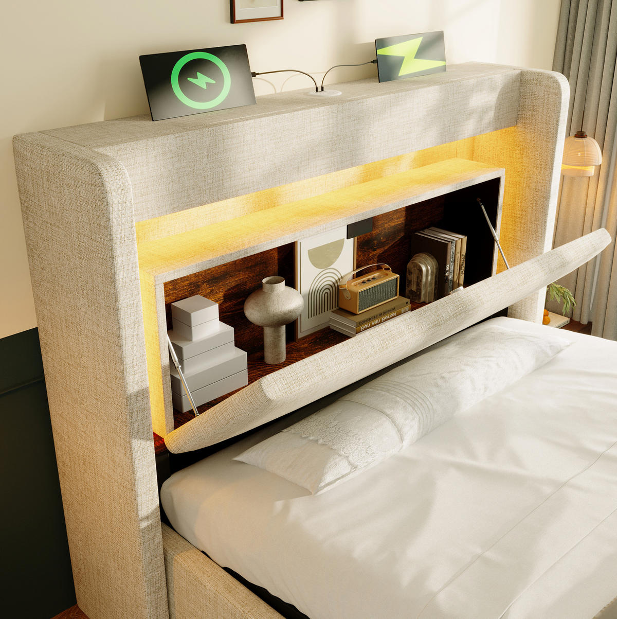 POLSTERBETT mit Stauraum 90x200 cm Leinen Beige mit LED - Beige, Metall (90/200cm) - Meubliv