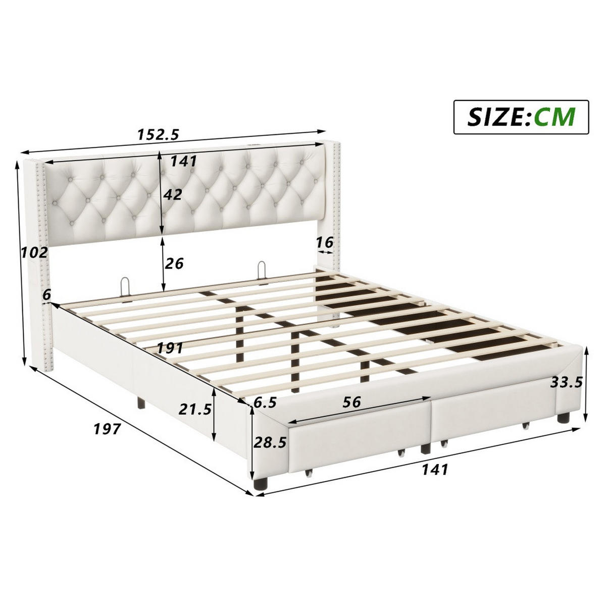 STAURAUMBETT 140/190 cm, mit 2 Schubladen, LED-Beleuchtung, USB, Beige - Beige, Holzwerkstoff (140/190cm) - Brevoria