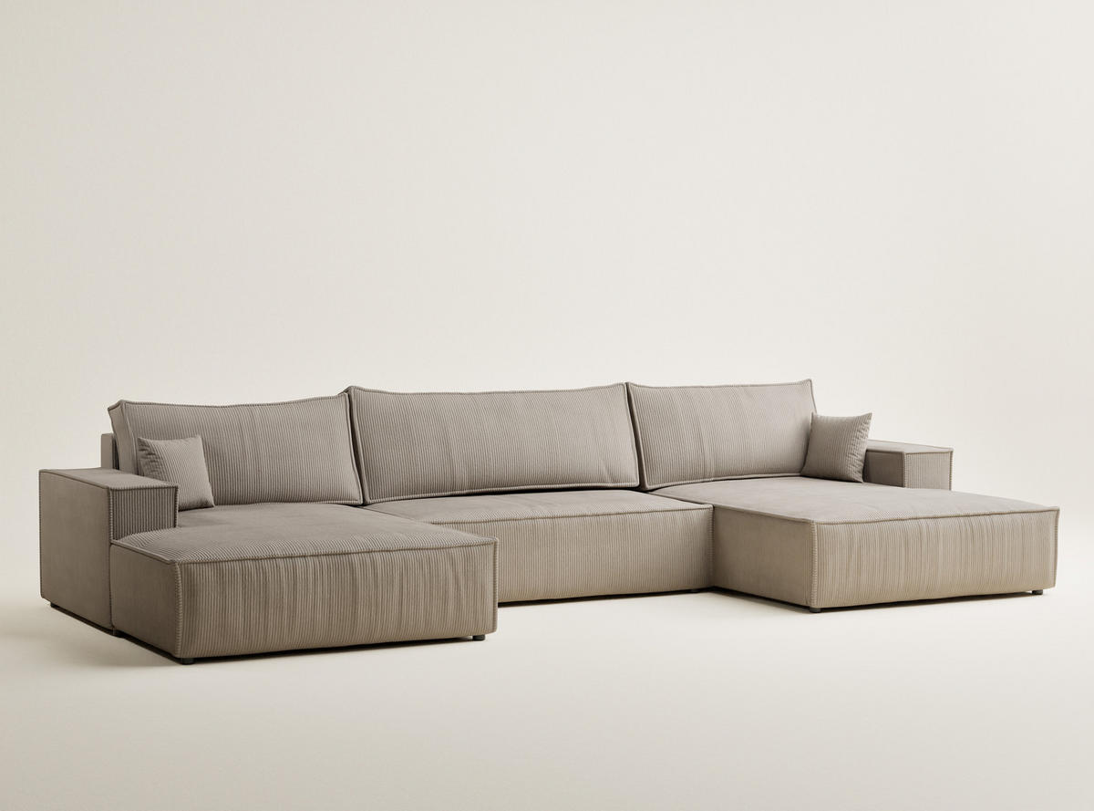 WOHNLANDSCHAFT Kyoto Beige Samtstoff - Beige/Schwarz, Holz/Holzwerkstoff (398/70/148cm) - Maison de Reve