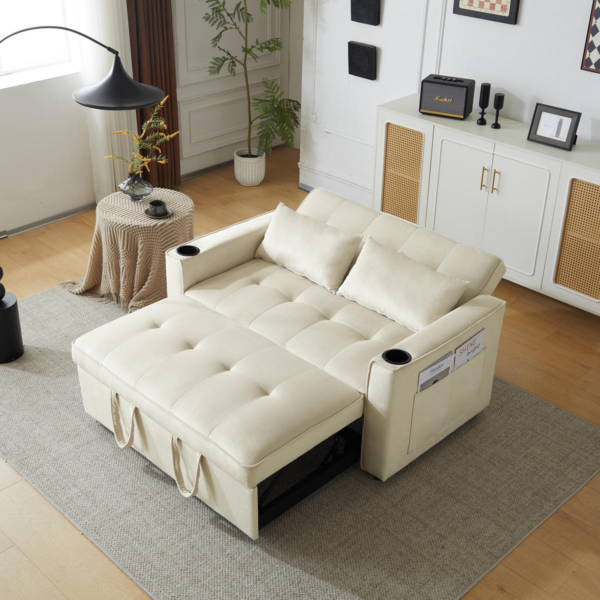 SCHLAFSOFA klappbar mit Getränkehalter und Kissen - Beige, Textil (137/83/76.5cm)