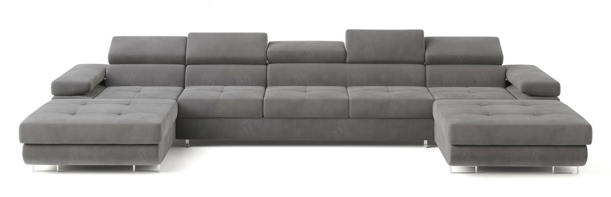 WOHNLANDSCHAFT OMBRA Grau Velours-Stoff mit Schlaffunktion - Grau, Holz (425/90/202cm) - MASSENO