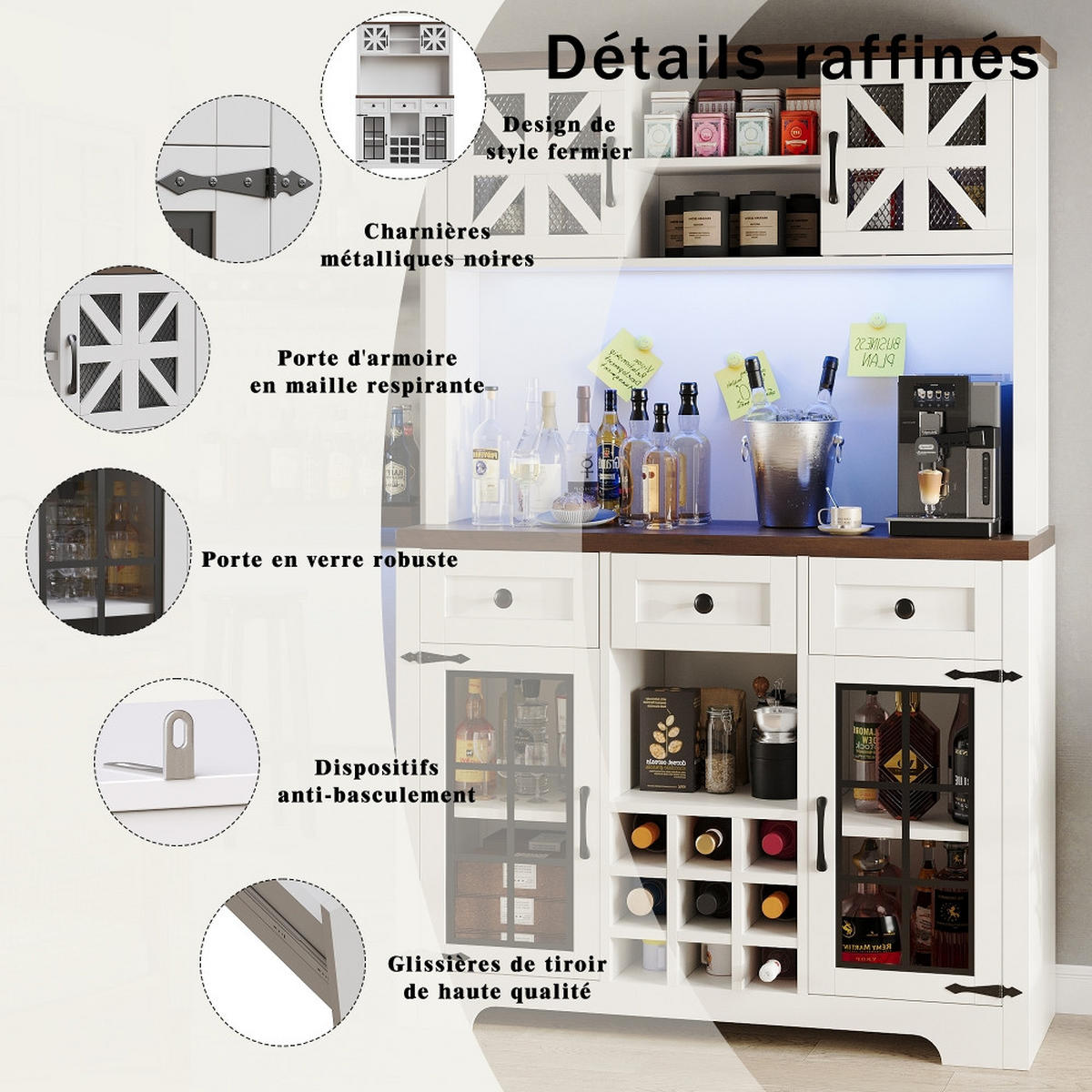 KÜCHENSCHRANK mit SMART LED BELEUCHTUNG, WEINREGAL und KIPPSICHERUNG, MDF/Metall/Glas, 120/180/40 cm - Weiß, Kunststoff (40/180/120cm) - Rolipo
