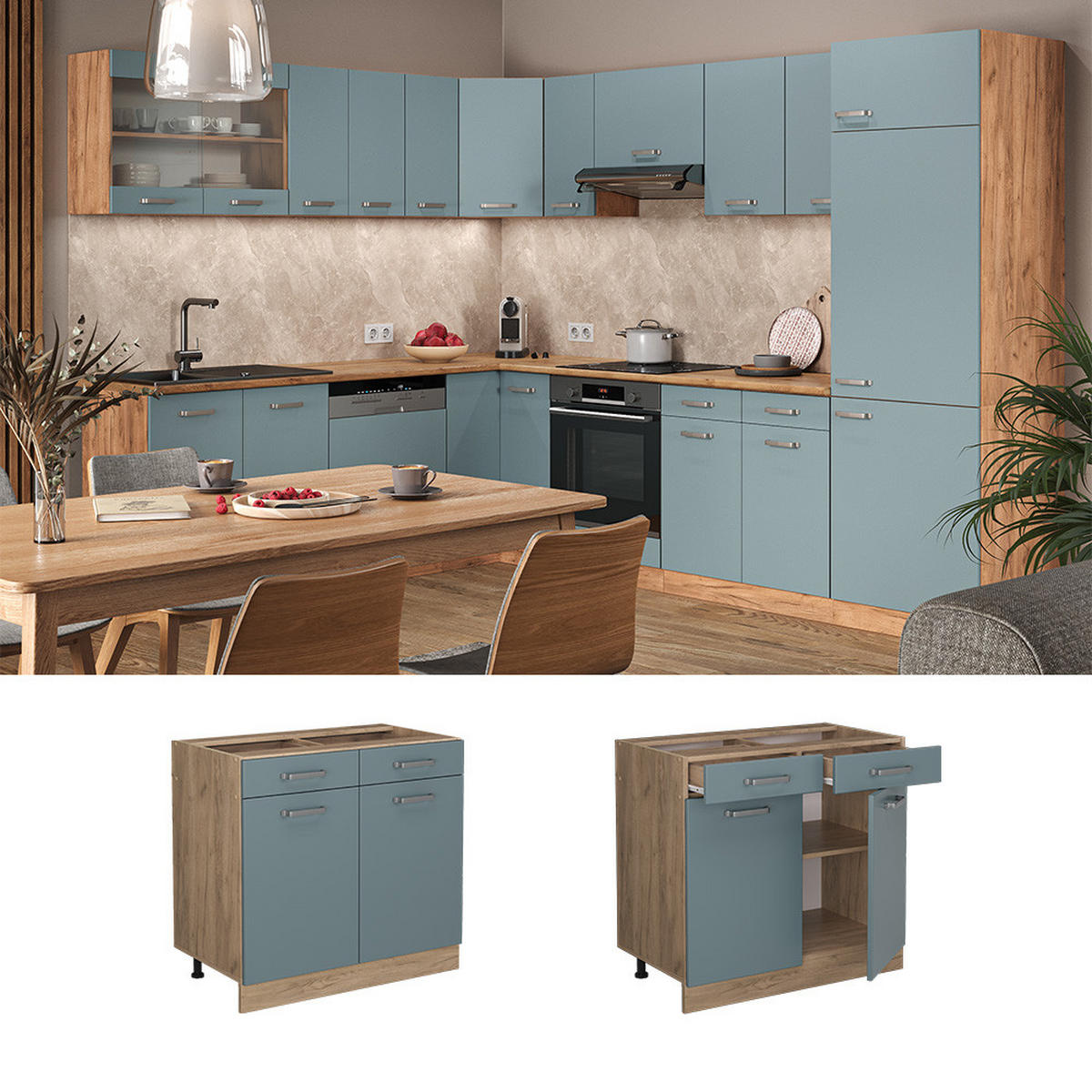 KÜCHENUNTERSCHRANK R-Line Blau-Grau 80 cm AP Marmor - Honigeiche/Eiche Wotan, Holzwerkstoff (80/81.6/60cm) - Vicco