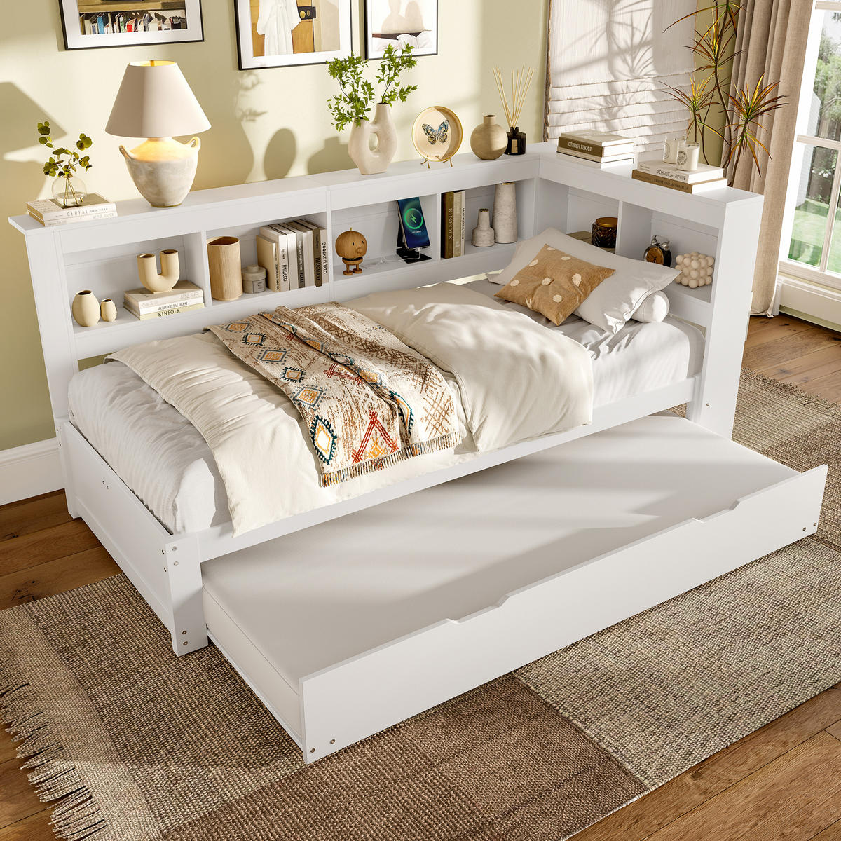 TAGEBETT 90x200cm Weiß Spanplatte Ausziehbett Steckdose USB - Weiß, Holz (90/200cm) - FLIEKS