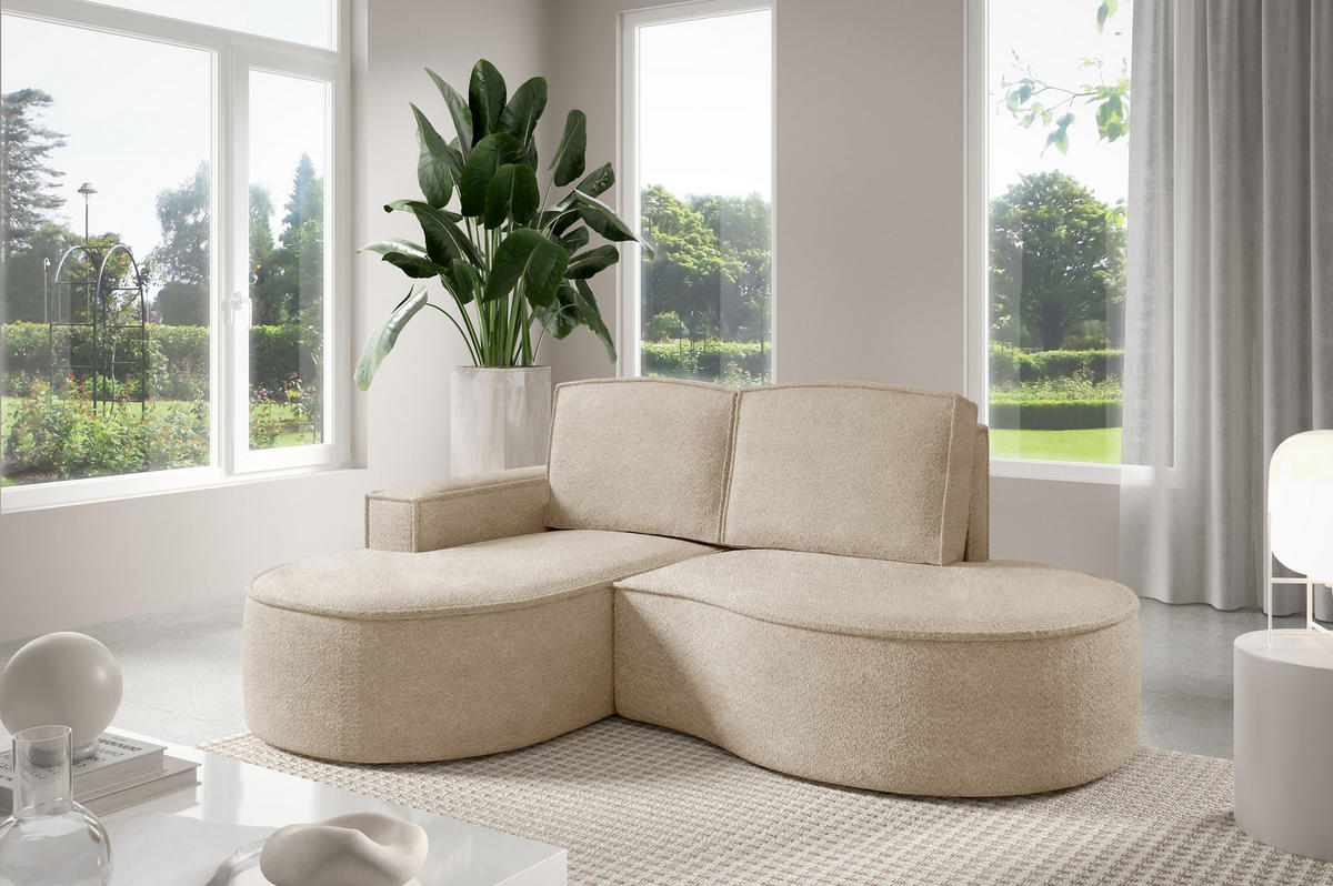 ECKSOFA MOLLY – Halbkreisförmig, Abriamo-Bouclé, Lose Kissen, Bouclé-Bezug, 210x157x88 cm, Links Beige - Beige, Holz/Textil (157/210cm) - DomoHome