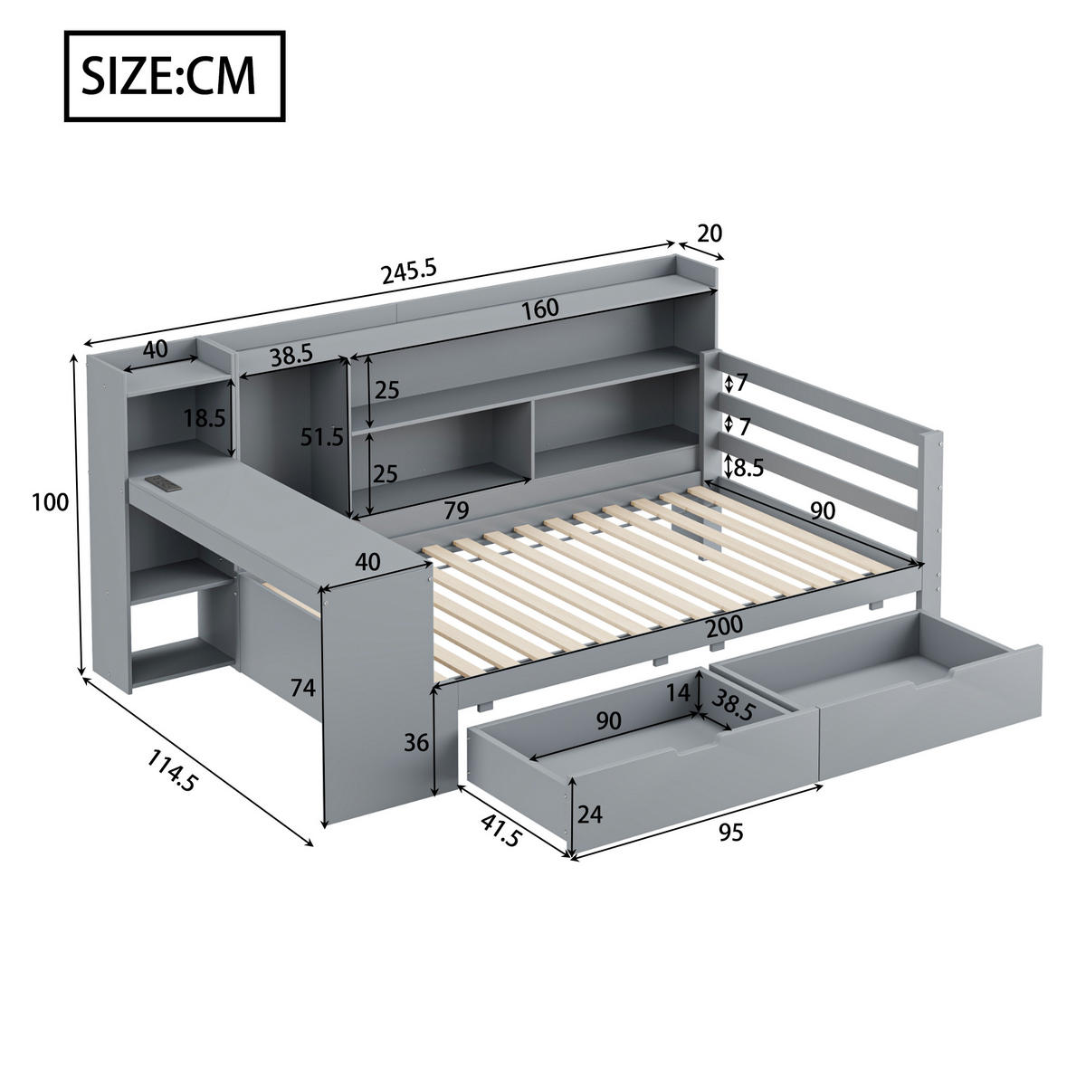 BETT aus Massivholz mit Schreibtisch und Regalen Grau 90/200 cm - Grau, Holz (90/200cm) - OKWISH