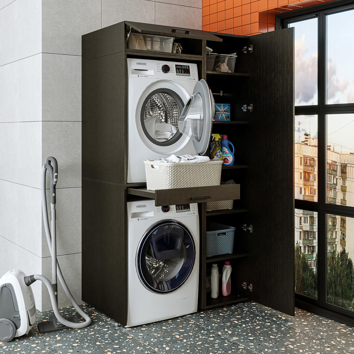 WASCHMASCHINENSCHRANK DUO-I 112cm Breit, 205cm Hoch - Schwarz, Holzwerkstoff (112/205/67cm)