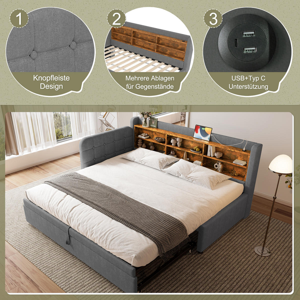 POLSTERBETT 90/200 cm Grau aus Leinen mit Ausziehbett und USB - Grau, Textil (90/200cm) - OKMYHOME