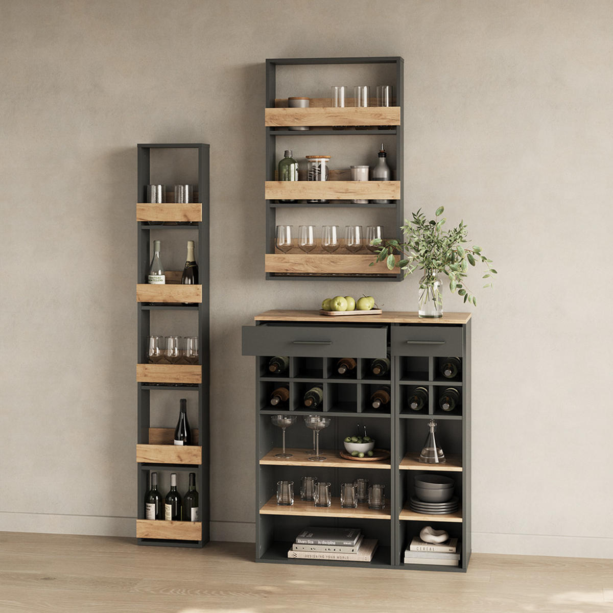 WEINGLASREGAL Regusa Goldkraft Eiche/Anthrazit 60 x 98 cm - Honigeiche/Anthrazit, Holzwerkstoff (60/98/15.1cm) - Livinity®