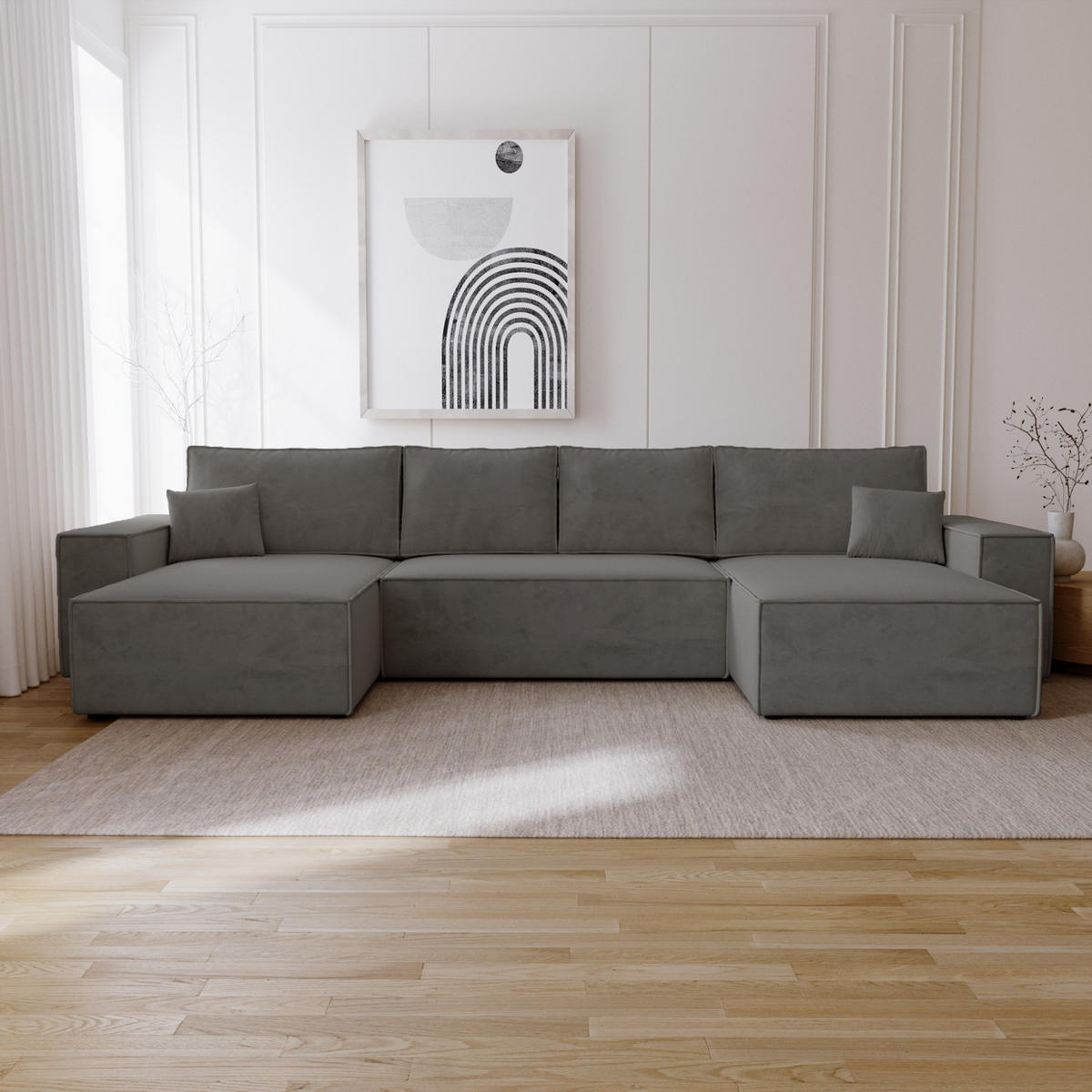ECKSOFA 380 cm Bergamo U mit Bettkasten, Samt, Dunkelgrau - Dunkelgrau, Holz (377/189cm) - Emporius