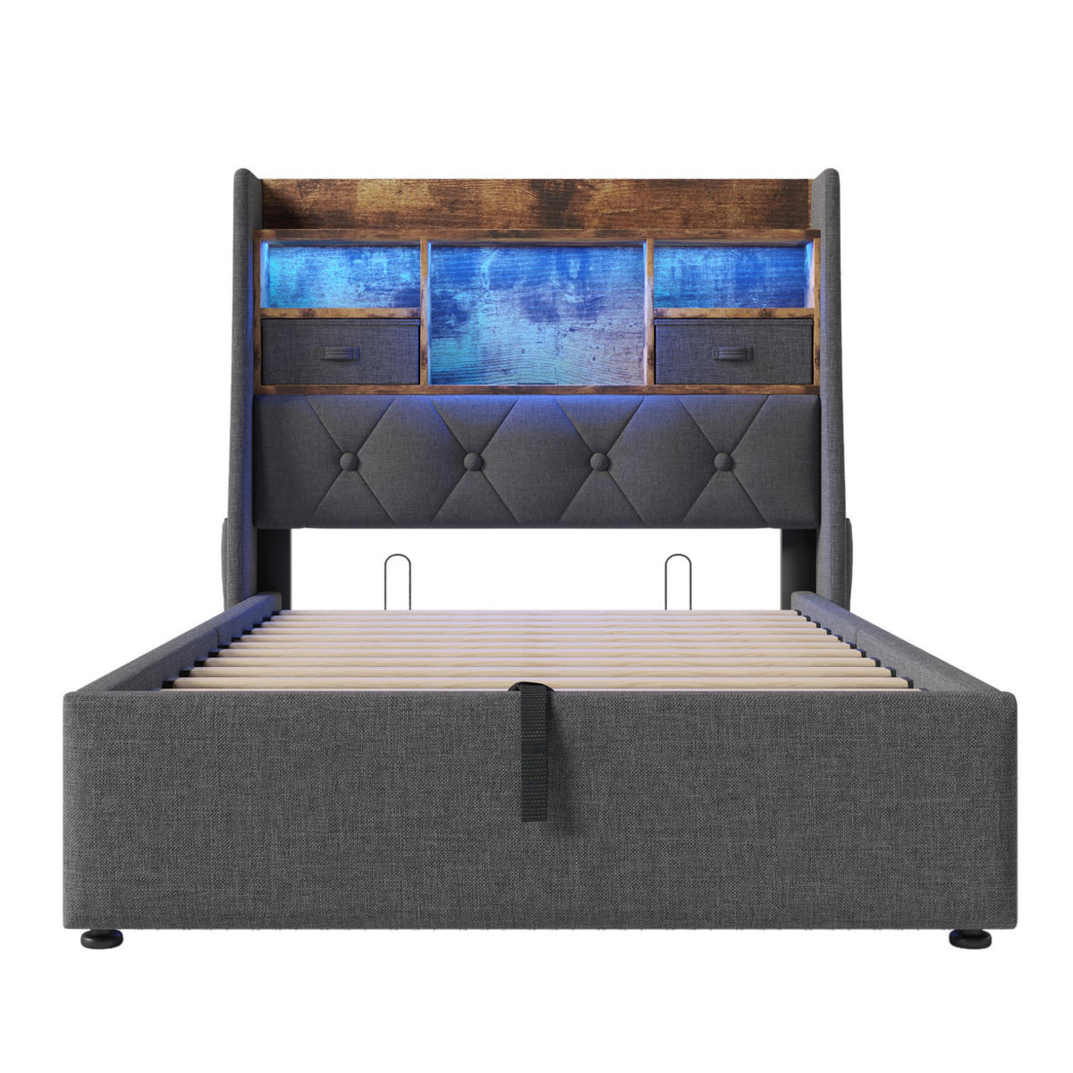 POLSTERBETT mit Stauraum & LED 90x200 cm Leinen Grau inkl. Lattenrost - Grau, Metall (90/200cm) - Meubliv