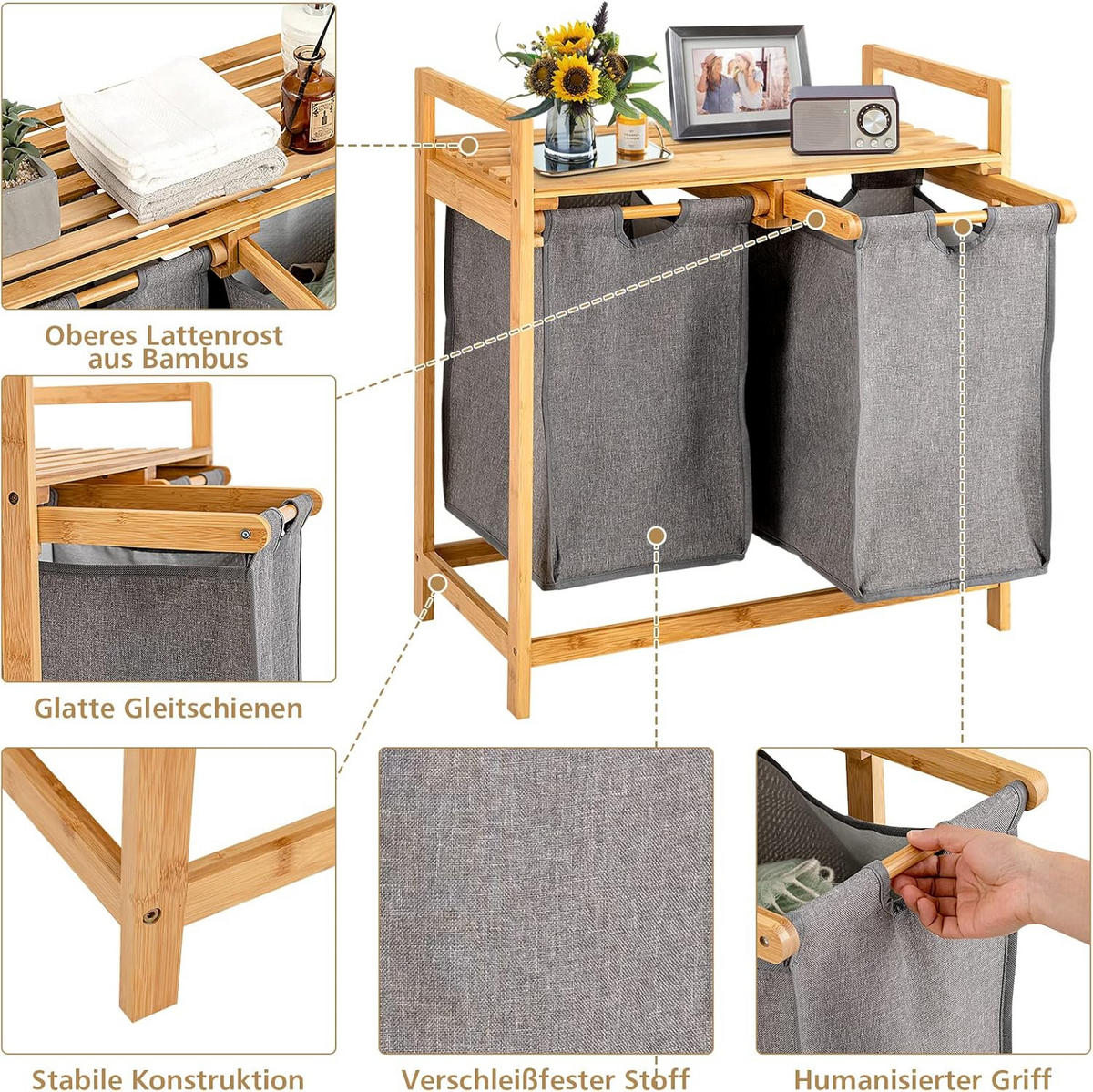 KOŠ NA PRÁDLO Drevo - farba jablone, prírodné materiály (33/64/73cm) - COSTWAY