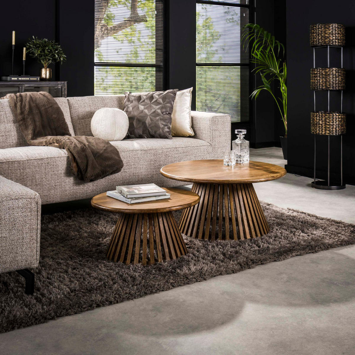 COUCHTISCH-SET VICO AIR Design-Satztische mit offenem Lamellen-Konus - Sandfarben, Holz (80/80/40cm) - alesvelt