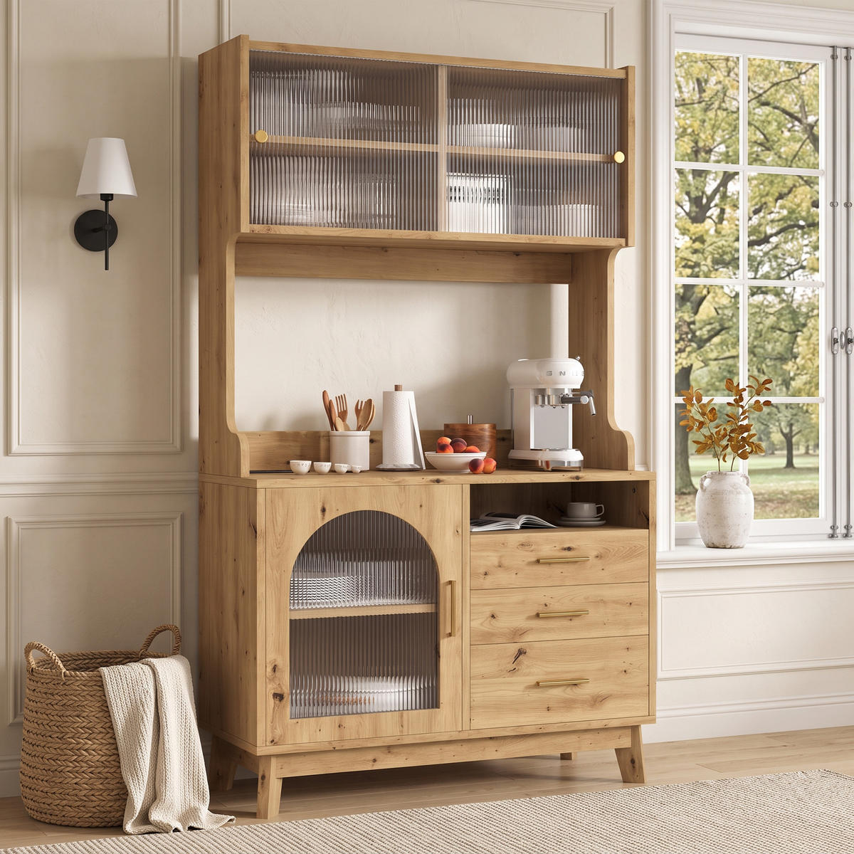 BUFFETSCHRANK 100,5x40x178 cm, 2 Steckdosen, USB-A/USB-C-Anschlüsse, Holzfarbe - Naturfarben, Holzwerkstoff (100.5/178/40cm) - FOHERE