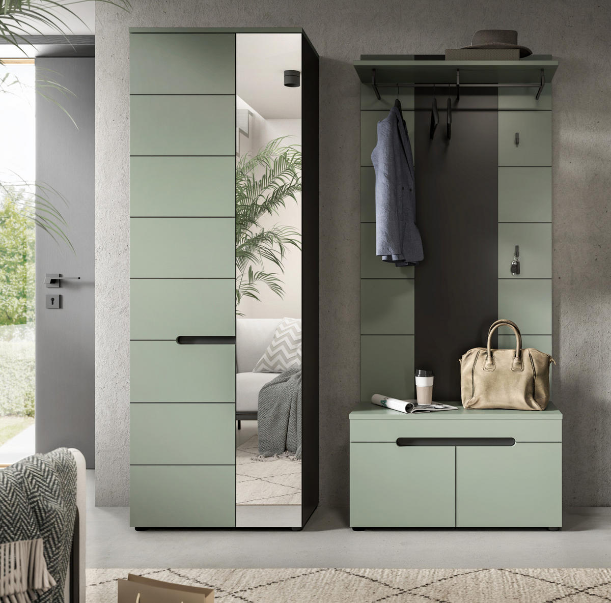 GARDEROBE-SET Salbei und Grau, 3-teilig, 160 x 190 cm, Soft-Close, Cooper - Salbeigrün/Schwarz, Holzwerkstoff/Kunststoff (160/190/37cm) - Inn.Furn