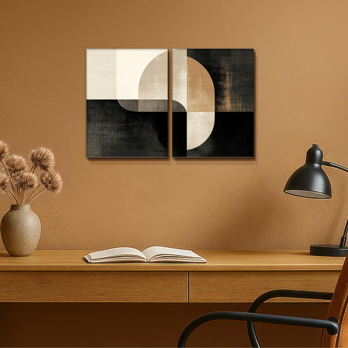 LEINWANDBILD 2er Set Formen - Abstrakt - Gold 60x40 cm - Schwarz, Textil (60/40cm) - MuchoWow