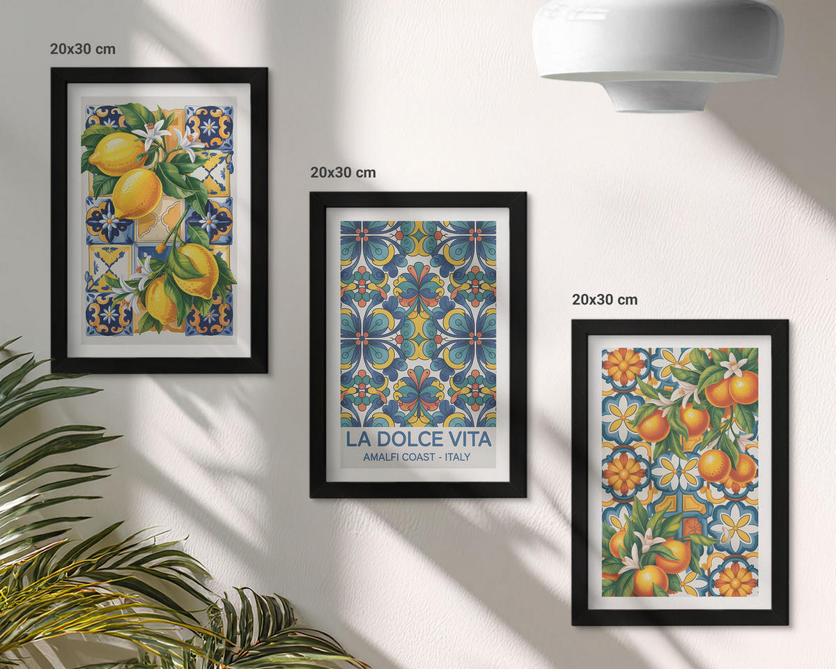 WANDBILDER 3er-Set - 20x30 cm Schwarzer Rahmen - Zitronen-Orangenblütenmuster - Schwarz, Kunststoff (20/30cm) - ArtPrintCave
