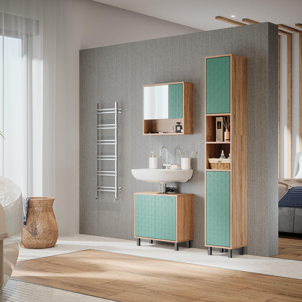 BADSCHRANK Agasta Mintgrün 30 x 190.3 cm - Mintgrün, Holzwerkstoff (30/190.3/28cm) - Vicco