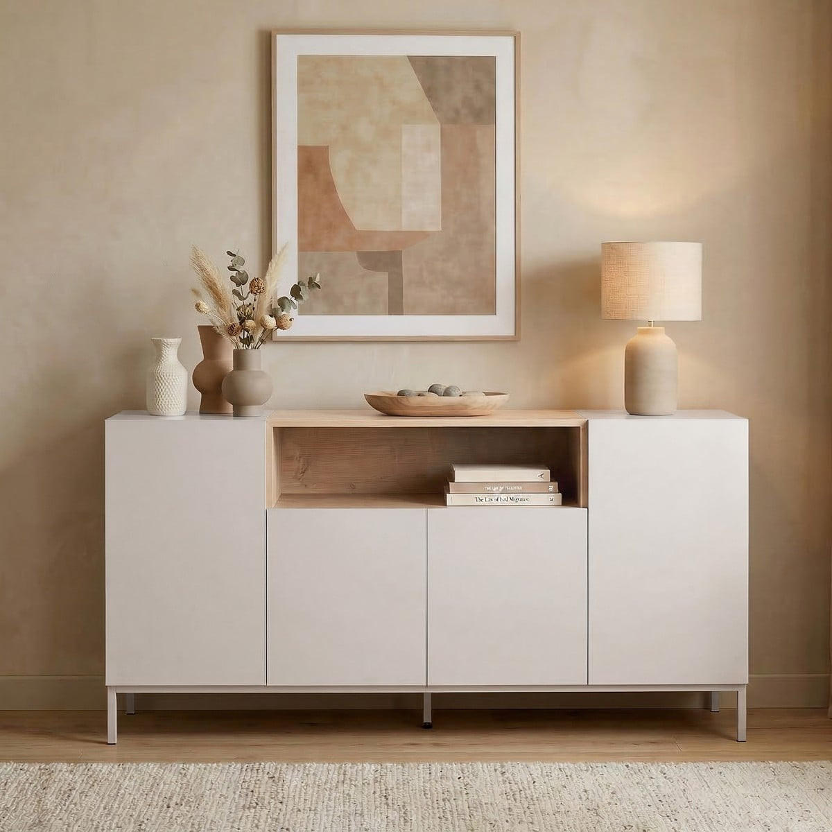 SIDEBOARD mit 4 Türen und 1 Nische, Kaschmir und Holzdekor 160/40/80 cm - Beige, Holzwerkstoff (40/80/41.5cm) - Calicosy