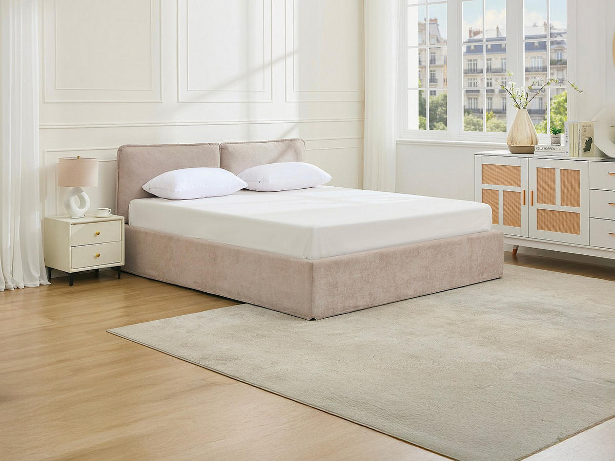 BETT mit Bettkasten - 2 Personen - Stoff - Beige - Beige, Textil (180/200cm) - Vente-Unique
