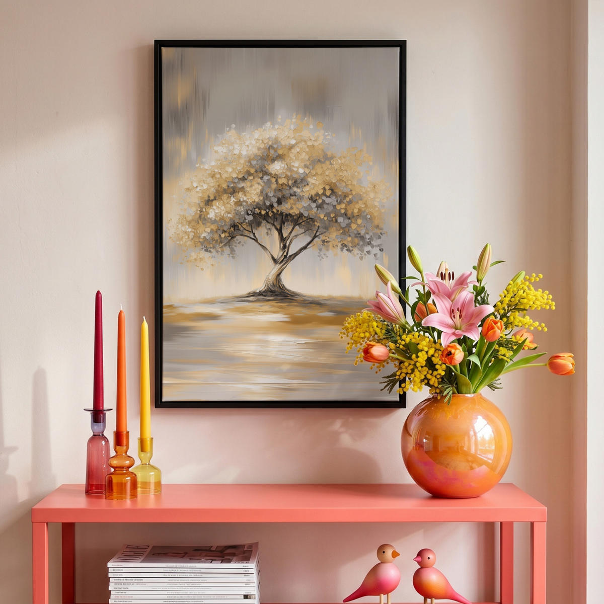 LEINWAND Bilder mit Rahmen - Gemälde - Baum - Abstrakt - Blätter - 40x60 - Beige, Textil (40/60cm) - MuchoWow
