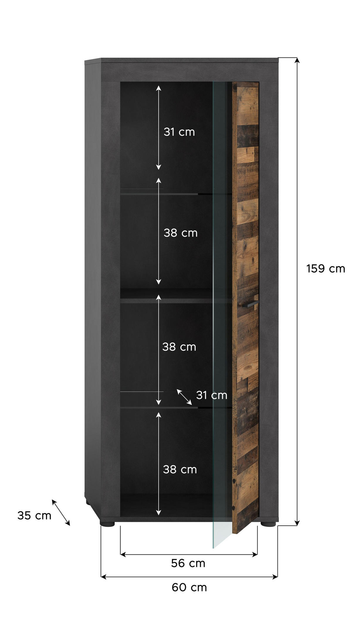 VITRINE JAM (B/H/T: ca. 60/159/35 cm) in Matera/Old Wood Nachbildung - Naturfarben, Holzwerkstoff (60/159/35cm)