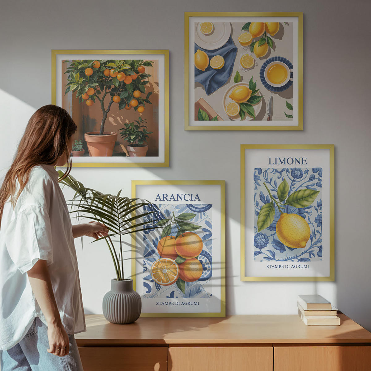 BILDER SET 4er Set - 50x50 cm & 40x60 cm Goldrahmen - Illustrationen von Zitrusfrüchten - Goldfarben, Kunststoff (50/50cm) - TULUP