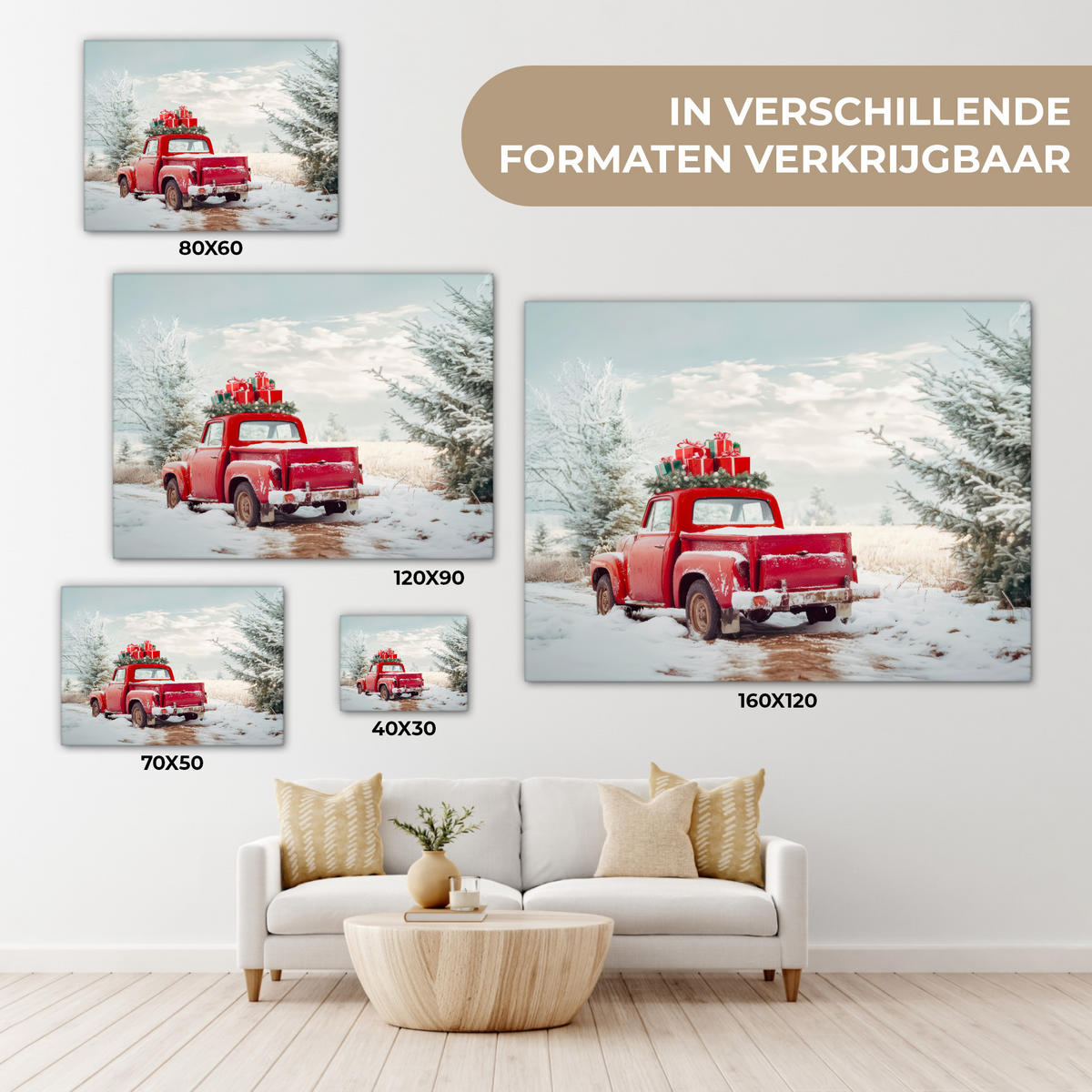 LEINWANDBILD Auto - Rot - Geschenke - Winter - Schnee - Weihnachten Wandbilder 80x60 cm - Rot, Textil (80/60cm) - MuchoWow