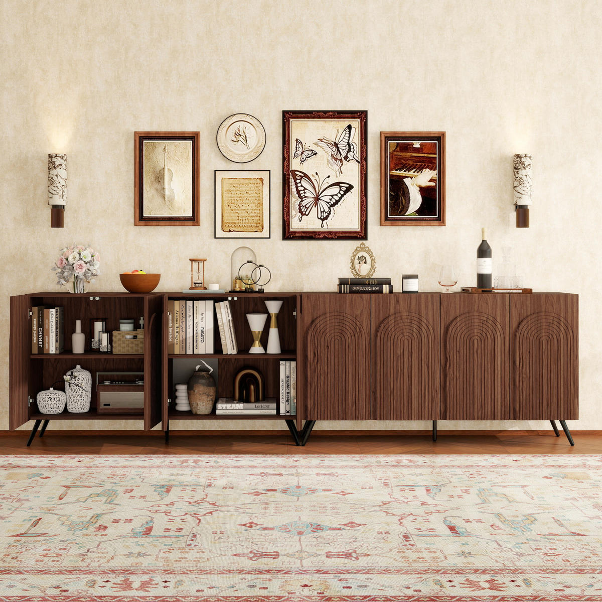 SIDEBOARD aus Holzwerkstoff 150x38x83 cm Walnussbraun mit verstellbaren Einlegeböden und 3D-Rillentüren im Mid-Century-Stil - Walnussfarben, Holzwerkstoff (150/83/38cm) - Modfu